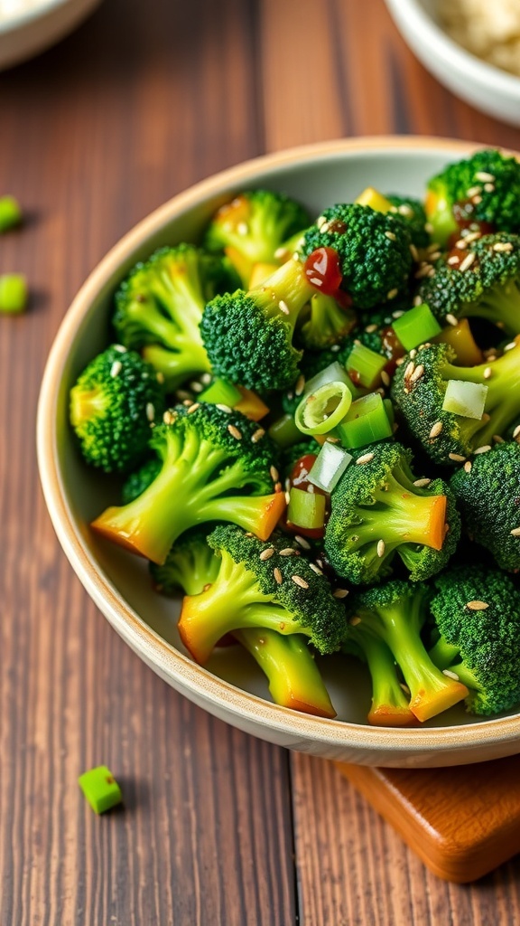 A bowl of crispy teriyaki broccoli garnished with sesame seeds and green onions on a wooden table.
